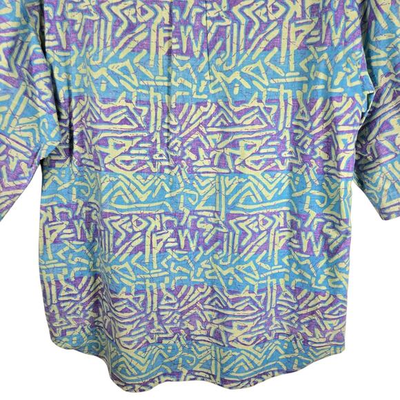 VINTAGE Bugle Boy Shirt Mens XL Blue Purple Abstract Geometric Button Front 90s - Picture 11 of 12
